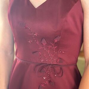 Burgundy Satin Halter Neck Prom Dress with embroidery and beading
